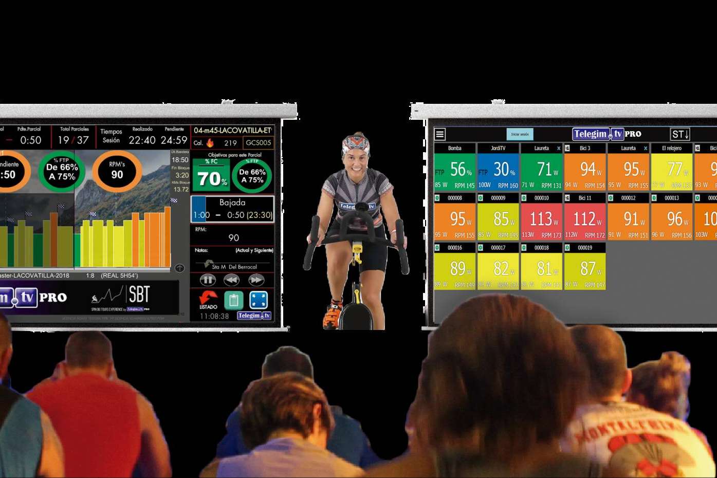 Para las clases presenciales y actividades en gimnasios de Ciclo Indoor, Telegim TV ofrece audiovisual e información