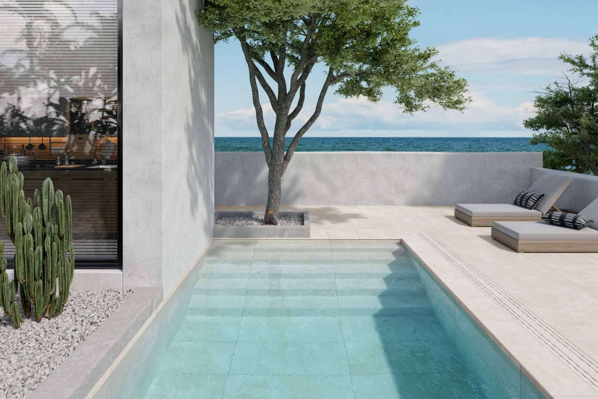 Interazulejo sobre los beneficios del gres porcelánico para la piscina